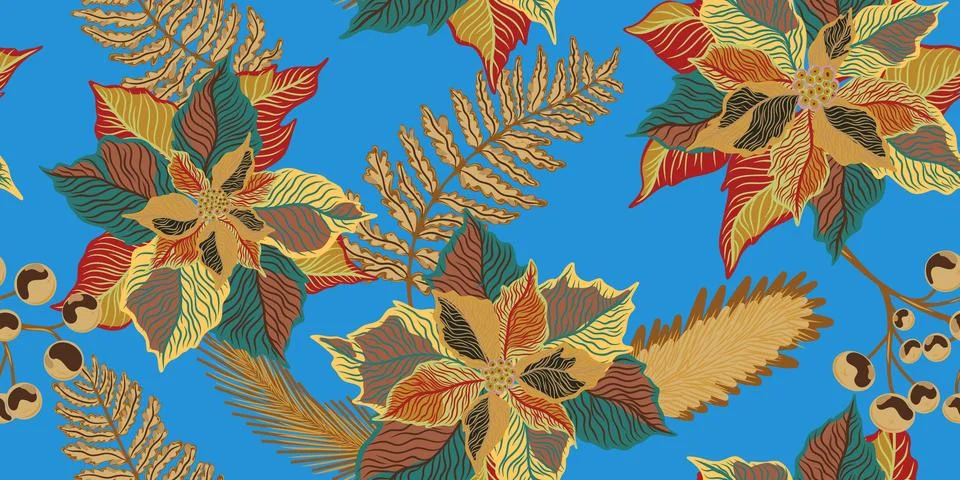 Floral seamless pattern. Botanical stylized hand-drawn nature motifs, Christm Stock Illustration
