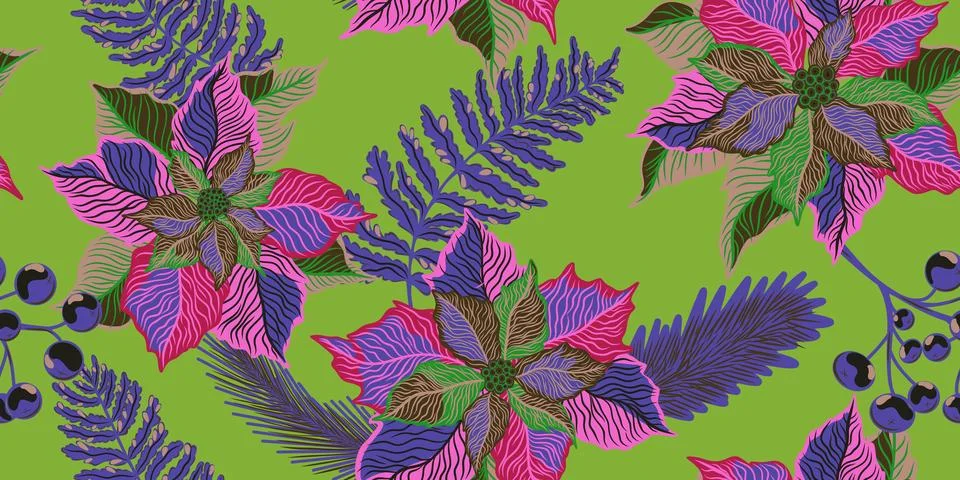 Floral seamless pattern. Botanical stylized hand-drawn nature motifs, Christm Stock Illustration
