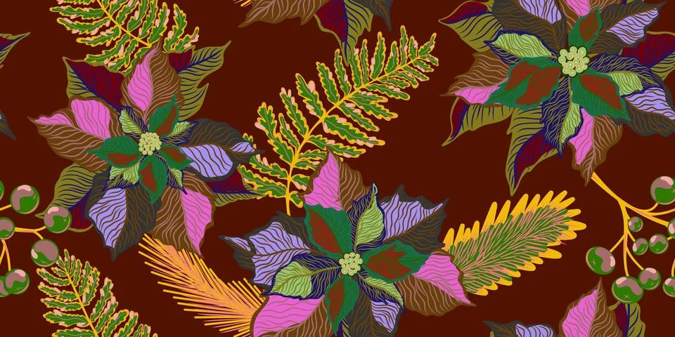 Floral seamless pattern. Botanical stylized hand-drawn nature motifs, Christm Stock Illustration
