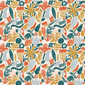 Floral seamless pattern bright colors autumn. Flat flowers, petals, leaves with Stock Illustration