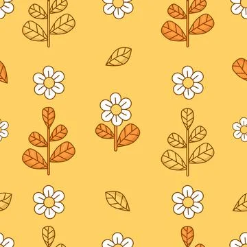 Floral seamless pattern with chamomile flowers and branches on yellow background Stock Illustration