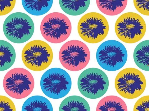 Floral seamless pattern with Chrysanthemum on multi color geometric circle forms Stock Illustration