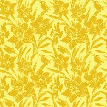 Floral seamless pattern with closeup yellow illuminating silhouettes of daffodil Stock Illustration