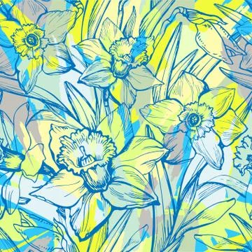 Floral seamless pattern with colored contours of flowers Daffodil. Stock Illustration