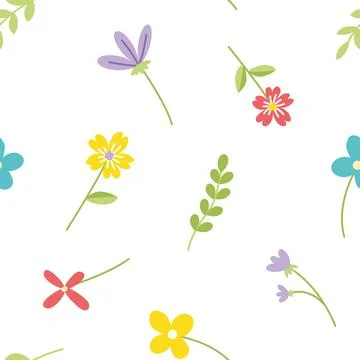 Floral seamless pattern with colorful simple flowers. Flat, cartoon, vector Stock Illustration