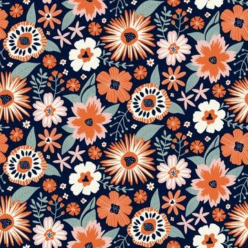 Floral Seamless Pattern in Contemporary Flat Style six colors orange, green Stock Illustration