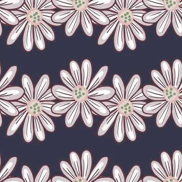 Floral seamless pattern with contoured daisy big flowers ornament. Dark navy  库存插图