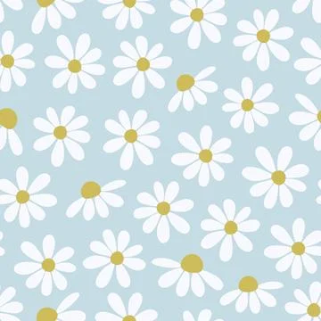 Floral seamless pattern. Cute daisy flower print on light blue background. Stock Illustration