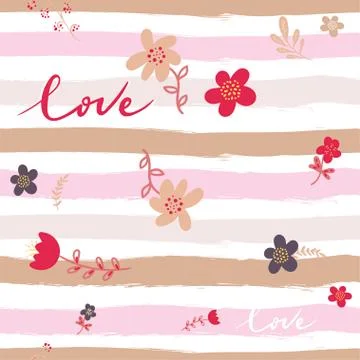 Floral seamless pattern of cute doodle flowers on striped background. drawn b Stock Illustration