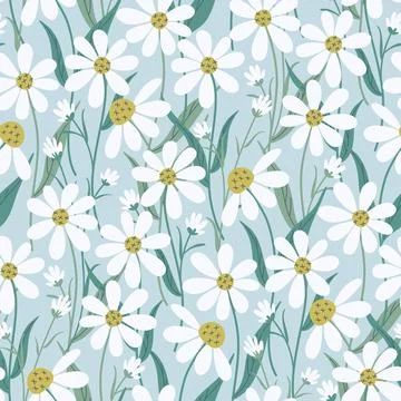 Floral seamless pattern. Cute print with daisy flowers and leaves. Stock Illustration