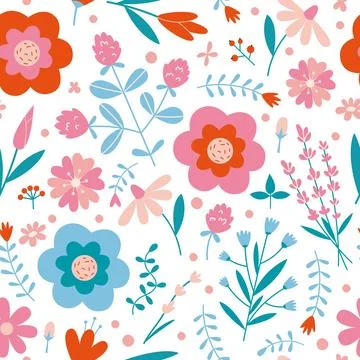 Floral seamless pattern with cute wild flowers on a white background, carto.. Stock Illustration