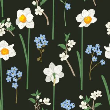 Floral seamless pattern. Daffodils, forget me not flowers and sakura. Vector Stock Illustration