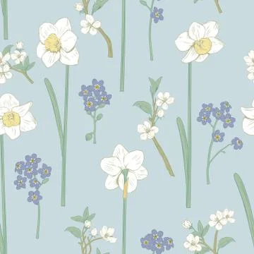 Floral seamless pattern. Daffodils, forget me not flowers and sakura. Vector Stock Illustration