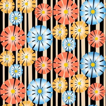 Floral seamless pattern on dark, gradient red yellow blue petal chamomile dai Stock Illustration
