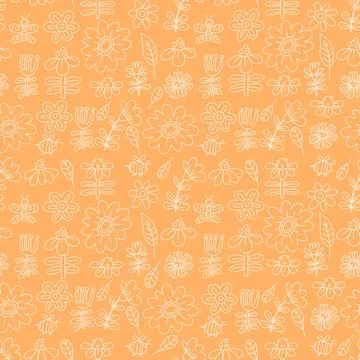 Floral seamless pattern. Decorative linear flowers, butterflies and bees on.. Stock Illustration