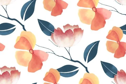 Floral seamless pattern. Delicate pink, orange flowers, blue branches, leaves. Stock Illustration