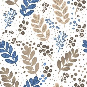 Floral seamless pattern design featuring blue and beige colored leaves. Stock Illustration
