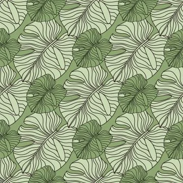 Floral seamless pattern with doodle monstera contoured silhouettes. Outline f Illustrazione stock