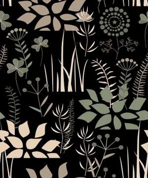 Floral seamless pattern with doodle plants, flowers, bushes, and grass. Vecto イラスト素材