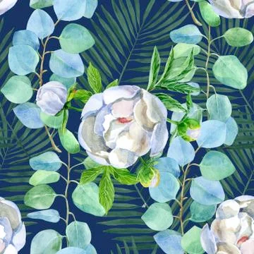 Floral seamless pattern with eucalyptus and peonies on a navy blue background. Stock Illustration