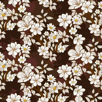 Floral seamless pattern featuring dark brown out line delicate on white flowers Stock Illustration