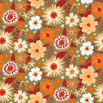 Floral Seamless Pattern in Flat Style in Orange, Olive Green, White, Dark Red Stock Illustration