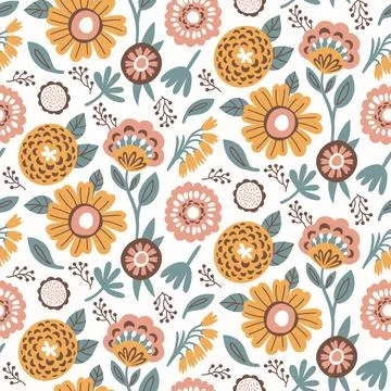 Floral Seamless Pattern Flowers and Leaves in Yellow Sand Brown, Peach, Brown Stock Illustration