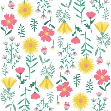 Floral Seamless Pattern of Flowers and Leaves in Yellow, Green, Pink on White Stock Illustration