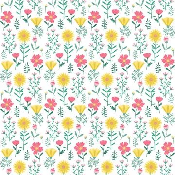 Floral Seamless Pattern of Flowers and Leaves in Yellow, Green and Pink on White Stock Illustration