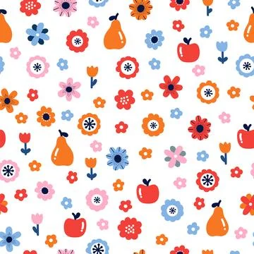 Floral seamless pattern with flowers and fruits. Scandinavian style design... Stock Illustration