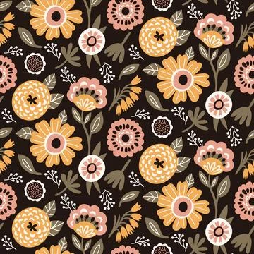 Floral Seamless Pattern of Flowers and Leaves in Yellow, White, Pink Peach on Stock Illustration