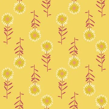 Floral Seamless Pattern of Flowers with Leaves in Yellow and Dark Red Stock Illustration