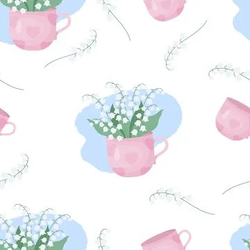 Floral Seamless pattern. Flowers May lilies of the valley in cup on white b.. Stock Illustration