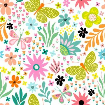 Floral seamless pattern with flowers, plants and butterflies Stock Illustration