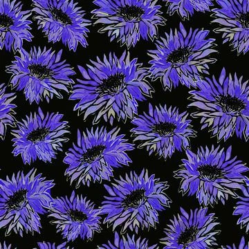 Floral seamless pattern of full bloom watercolor dark blue Chrysanthemum Flower. Stock Illustration