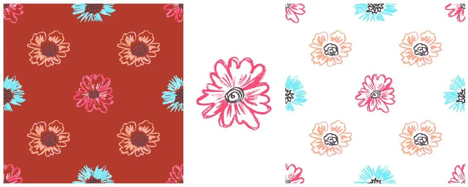 Floral seamless pattern. Girly pattern, flowers. Set drawings with wax crayon Stock Illustration