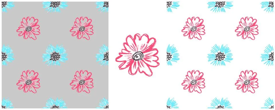 Floral seamless pattern. Girly pattern, flowers. Set drawings with wax crayon Illustrazione stock