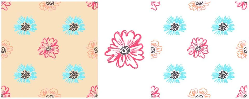 Floral seamless pattern. Girly pattern, flowers. Set drawings with wax crayon Illustrazione stock