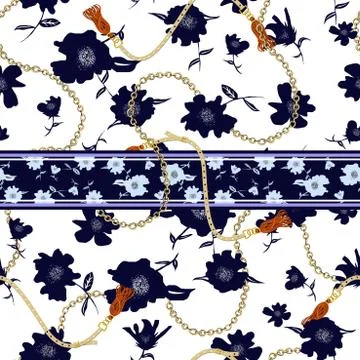 Floral seamless pattern with golden chains, tassels, belts on white background. Stock Illustration