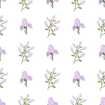 Floral seamless pattern with green leaves, lilac branch, iris blossom. Stock Illustration