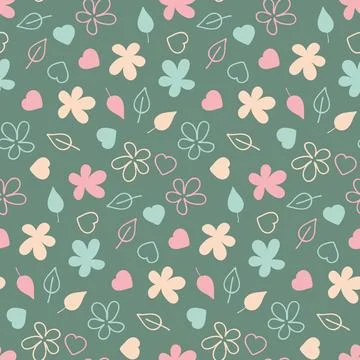 Floral seamless pattern on green marsh background, cute childish heart and le Stock Illustration