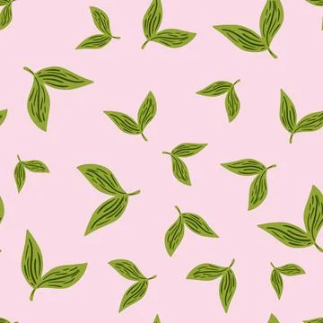 Floral seamless pattern with green random leaves silhouettes. Pastel pink bac Stock Illustration