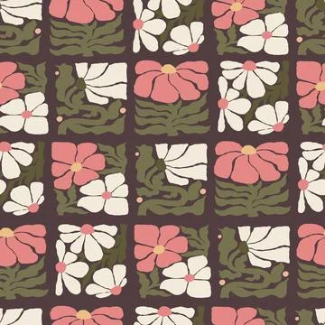 Floral Seamless Pattern. Groovy Flower Folk. Organic Plants Ornament on bro.. Stock Illustration