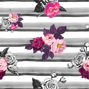 Floral seamless pattern with half colored bunches of flowers and gray hand .. Stock Illustration