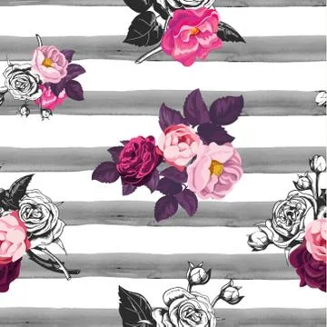 Floral seamless pattern with half colored bunches of flowers and gray hand .. Stock Illustration