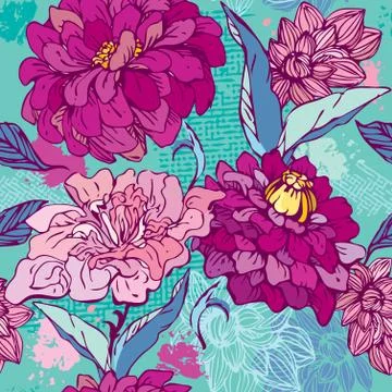Floral seamless pattern with hand drawn flowers -  chrysanthemum and peony. Stock Illustration
