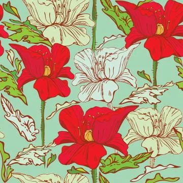 Floral seamless pattern with hand drawn flowers - poppy flowers on blue backg Stock Illustration