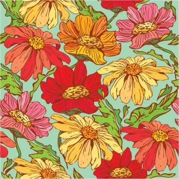 Floral seamless pattern with hand drawn flowers - camomile on blue background Stock Illustration