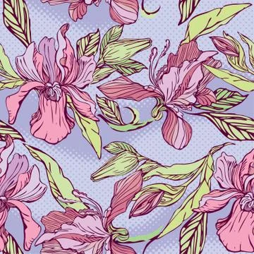 Floral seamless pattern with hand drawn flowers - orchids on violet backgroun Stock Illustration