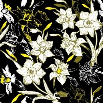 Floral seamless pattern with hand drawn flowers daffodils, narcissus. Stock Illustration